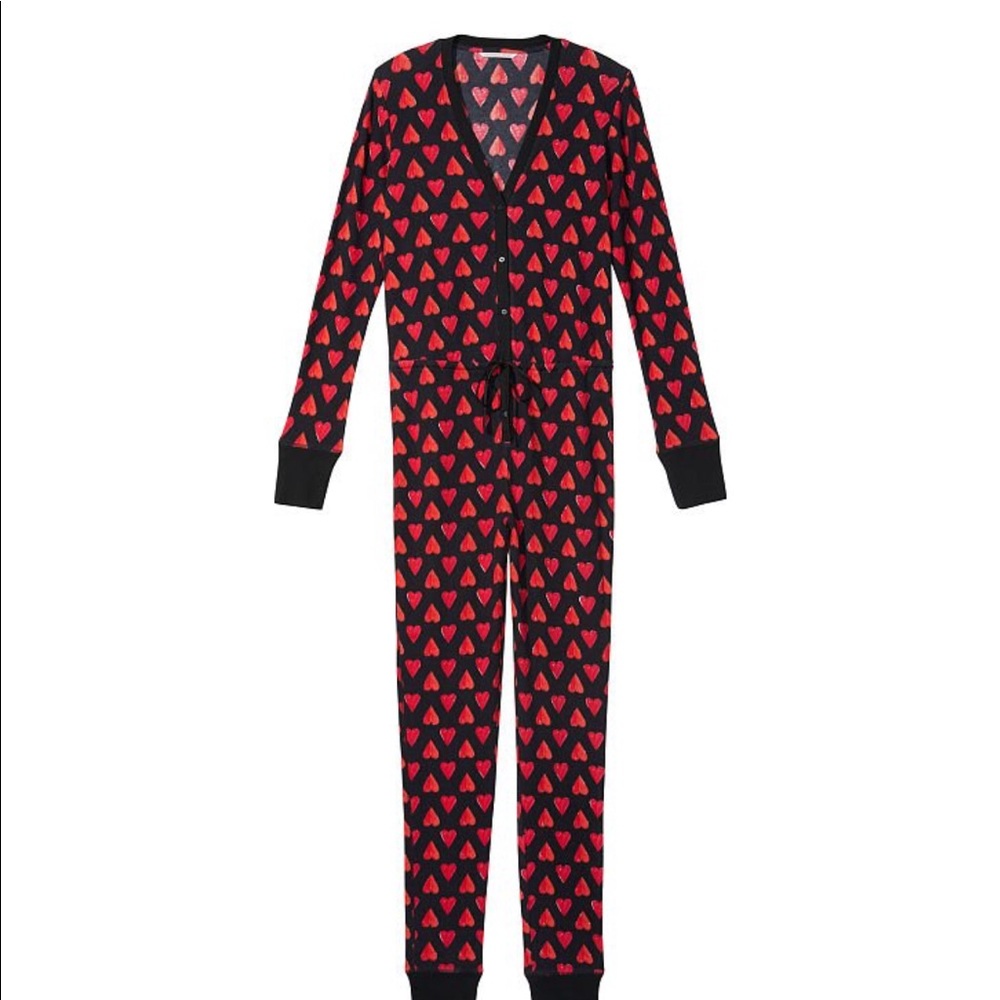 Victoria’s Secret Black Red Heart Thermal Onesie Pajamas - Picture 2 of 3
